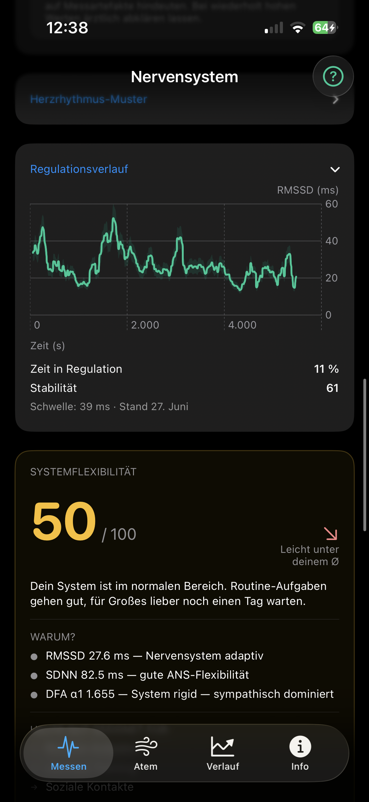 HRV Flow App: Regulationsverlauf-Chart und Systemflexibilität 50/100 — Im normalen Bereich