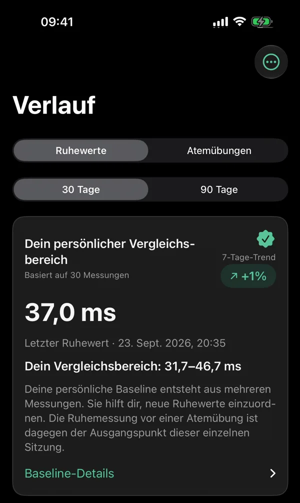 HRV-Flow-App: persönlicher Vergleichsbereich im Verlauf, basierend auf 30 Messungen